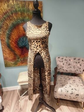 Leopard Print High-Slit Sleeveless Maxi Dress - Tan/Black